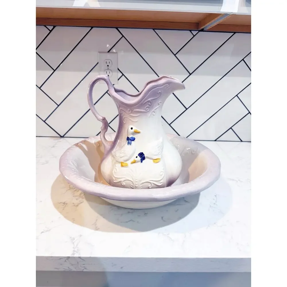 Ceramic goose pitcher & basin embossed geese floral scrollwork purple ombre rim